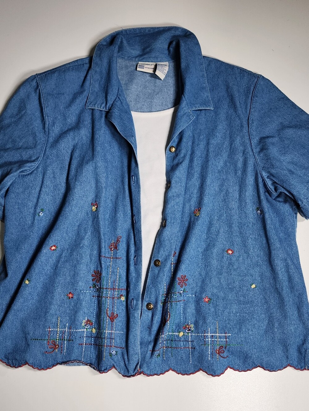Cottagecore Koret City Blues Embroidered Denim Top Scalloped Hem Layered Look XL